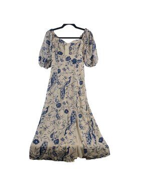 NEW Abercrombie Floral Peacock Print Cream Blue Maxi Dress Puff Sleeves Sz S